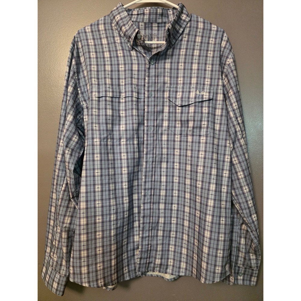 Huk Mens Plaid Fishing Shirt Long Sleeve Blue White Performance Ventilated M